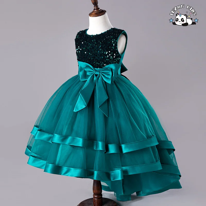 LEZONKIDS - Vestido de jantar tuxedo para meninas sem mangas com saia de malha e capa, saia de princesa com laço e lantejoulas, estilo doce e longo